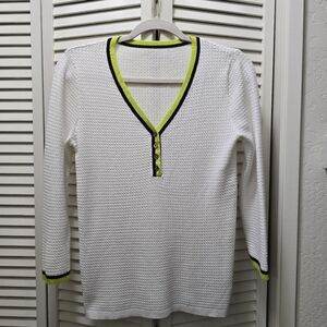 Jones New York Signature V-neck pullover sweater in white/navy/lime. No Tags.